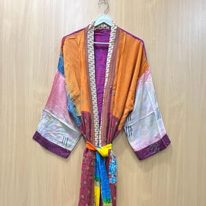 Recycled Silk Sari Kimono Robe, Boho Floral Patchwork Jacket, Lightweight Beach Cover Up