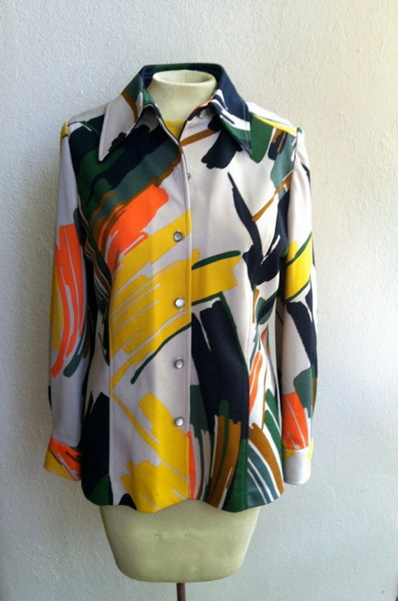 70's abstract print shirt and matching sleeveless… - image 2