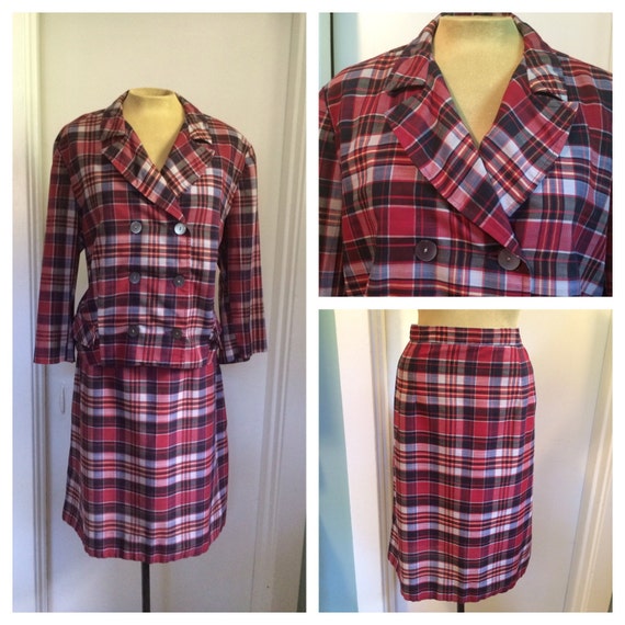 vintage 50's plaid jacket and skirt / 2 piece cot… - image 1