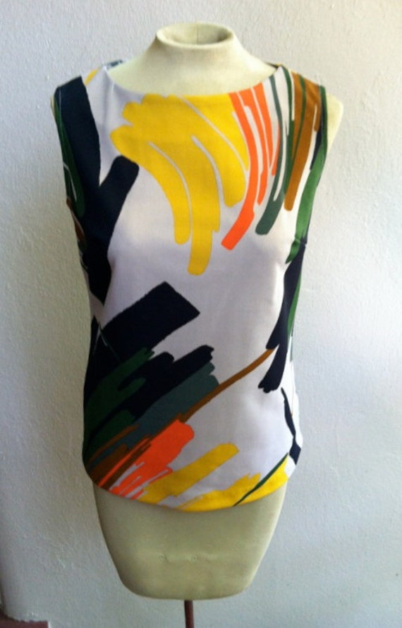 70's abstract print shirt and matching sleeveless… - image 3