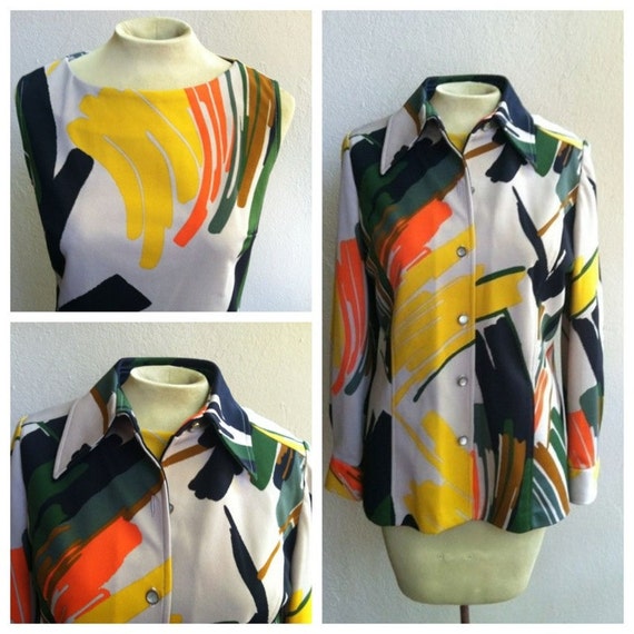 70's abstract print shirt and matching sleeveless… - image 1