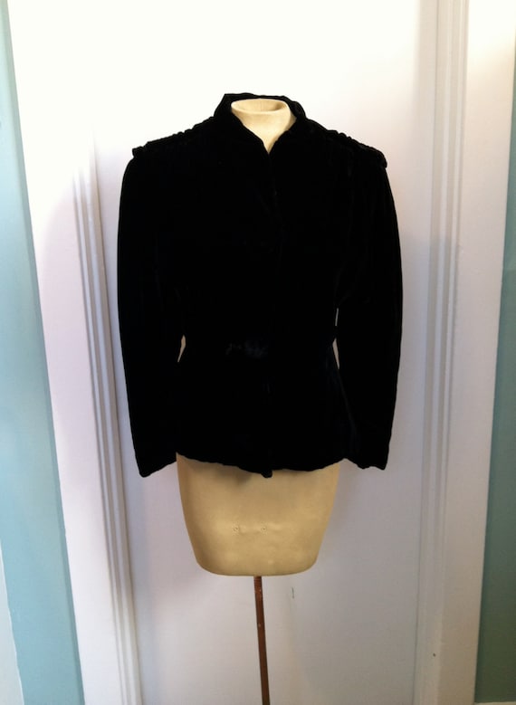 midnight black velvet jacket with shoulder ruffle