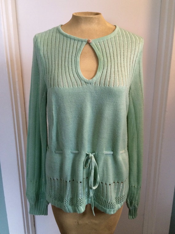 mint green fine gauge pointelle knit sweater