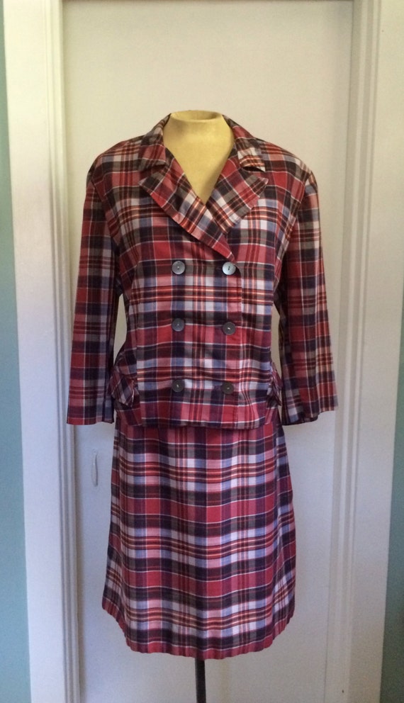 vintage 50's plaid jacket and skirt / 2 piece cot… - image 4