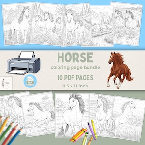 May include: A digital bundle of 10 horse coloring pages in 8.5 x 11 inch format. The set includes various black and white line art illustrations of horses in landscapes, a printer icon, a PDF file symbol, and a colored illustration of a brown horse.