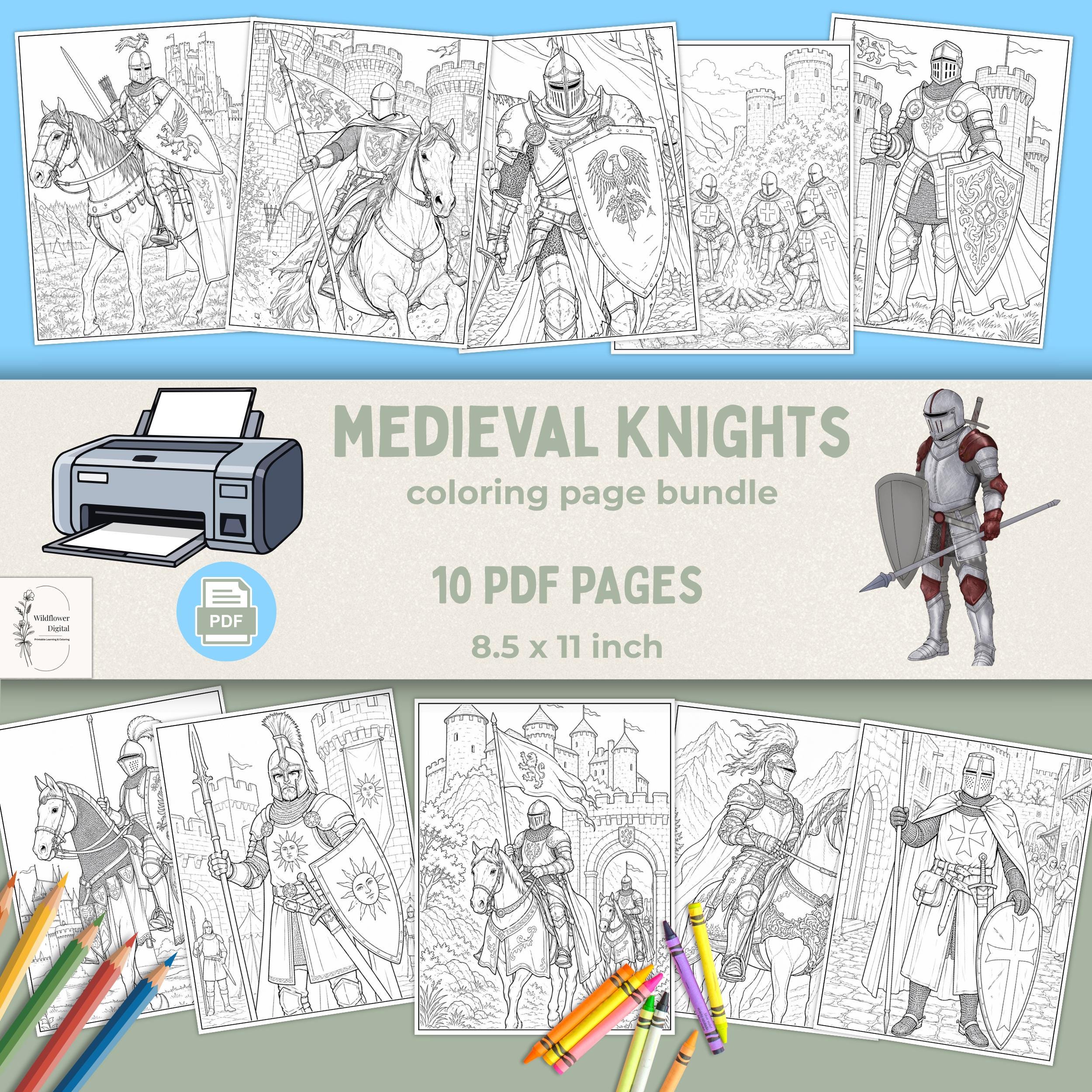 Knight Educational Medieval Knights Educational Coloring Bundle – 10 Realistic Knight ...