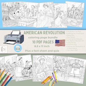 May include: A coloring page bundle depicting scenes from the American Revolution. The bundle includes 10 PDF pages, with illustrations of historical events such as the Boston Tea Party and the signing of the Declaration of Independence. The pages measure 21.6 x 27.9 cm.