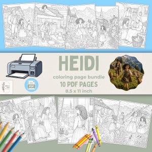 Può includere: Un pacchetto digitale di 10 pagine da colorare stampabili con scene della storia di Heidi, inclusi disegni al tratto di paesaggi montani, interni rustici e personaggi, con un'icona di stampante e testo 8.5 x 11 pollici.