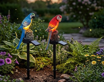 Luminária solar de jardim em formato de papagaio, à prova d'água, para decoração de jardins, gramados, caminhos, varandas e pátios.