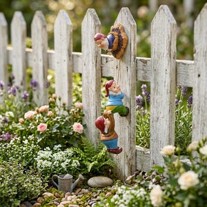 Puede incluir: Gnomos de jardín decorativos trepando una valla blanca. Los gnomos visten sombreros rojos, camisas azules y pantalones marrones. Un gnomo mira por encima de la valla, mientras que otros dos parecen estar trepando.