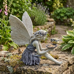 May include: A detailed garden statue of a fairy with large, textured wings, a floral crown, and a flowing dress. The fairy is seated on a stone wall, offering a bowl of seeds to a small blue and yellow bird. Other birds are nearby.