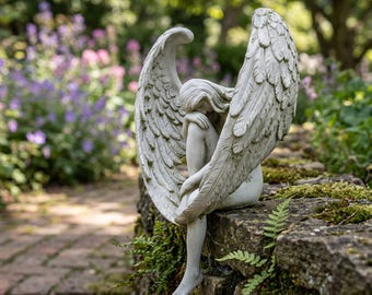 Könnte beinhalten: Eine ruhige, cremefarbene Engelsstatue mit großen, detaillierten Flügeln, die auf einer Steinmauer sitzt. Der Engel ist mit dem Kopf auf den Knien dargestellt. Der Hintergrund zeigt einen Garten mit lila Blumen und Grün.