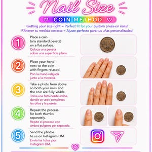 以下が含まれることがあります： HEILY_GLOW NAIL ART PRESS ON NAILS HOW TO SEND YOUR Nail Size COIN METHODというタイトルの説明用インフォグラフィック。5つの番号付きステップとテキスト、およびサイズ測定のために指をコインの横に置いて撮影する方法を示す画像が含まれています。