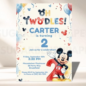 Puede incluir: Una invitación de cumpleaños con Mickey Mouse. La invitación dice "¡Oh Twodles! Carter cumple 2 años". El diseño incluye globos, confeti y los detalles de la fiesta: fecha, hora, lugar e información de RSVP.