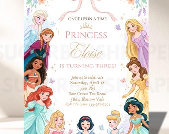 Modèle d'invitation d'anniversaire de princesse, modifiable, invitation aquarelle pour une fête royale de princesse, invitation d'anniversaire féerique, téléchargement instantané
