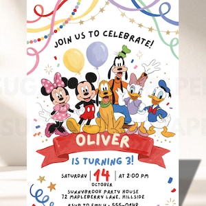 Könnte beinhalten: Eine Geburtstagseinladungskarte mit Mickey Maus, Minnie Maus, Pluto, Goofy, Daisy Duck und Donald Duck. Der Text lautet JOIN US TO CELEBRATE! OLIVER IS TURNING 3! SATURDAY 14 OCTOBER AT 2:00 PM, SUNNYBROOK PARTY HOUSE, 72 MAPLEBERRY LANE, HILLSIDE, RSVP TO EMILY 555-0148.