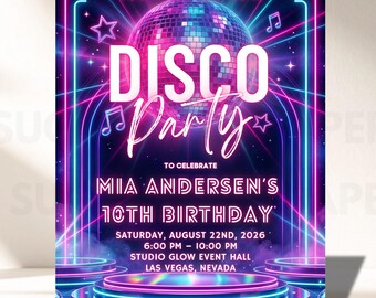 Sjabloon uitnodiging discofeestje, bewerkbare canvas uitnodiging, uitnodiging discofeestje verjaardagsfeestje, retro discobal uitnodigen, direct downloaden