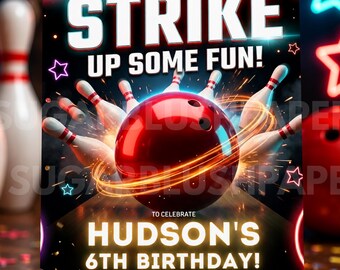 Bewerkbare sjabloon verjaardagsuitnodiging bowlen | Canva bowlingfeestuitnodiging | Afdrukbare Glow Bowling-uitnodiging | Direct downloaden