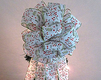 Christmas Tree Topper - White/Holly Ribbon Tree Topper with 7 FT Streamers - Christmas Tree Decoration - Hand Made Bow