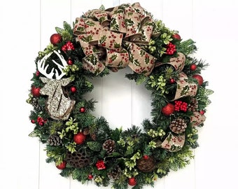 Rustic Christmas Wreath  - Red and Green Winter Wreath - Artificial Pine Wreath  - Ready to Ship Wreath