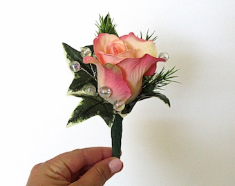 Faux Boutonniere - Wedding Boutonniere - Anniversary Boutonniere - Prom Boutonniere - Peach/Pink Variegated Rose Boutonniere