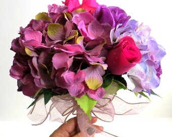 Wedding Package - Bouquets for Bride and Maid of Honor - Boutonnieres for Groom and Best Man - Purple and Fuchsia Wedding