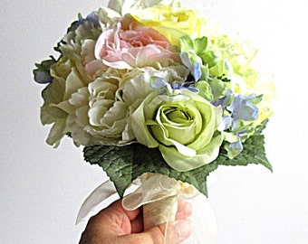 Bridal Bouquet - Faux Bouquet - Peonies, Roses, Hydrangea, Pomps Bouquet - Pastel Mix -