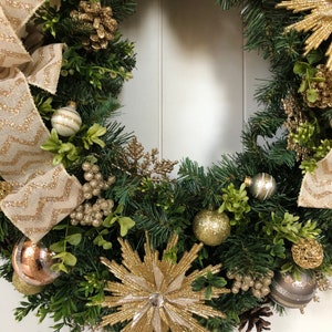 Christmas Wreath Gold and Ivory Christmas Wreath Holiday Wreath Artificial Pine Wreath Ready to Ship Wreath image 4