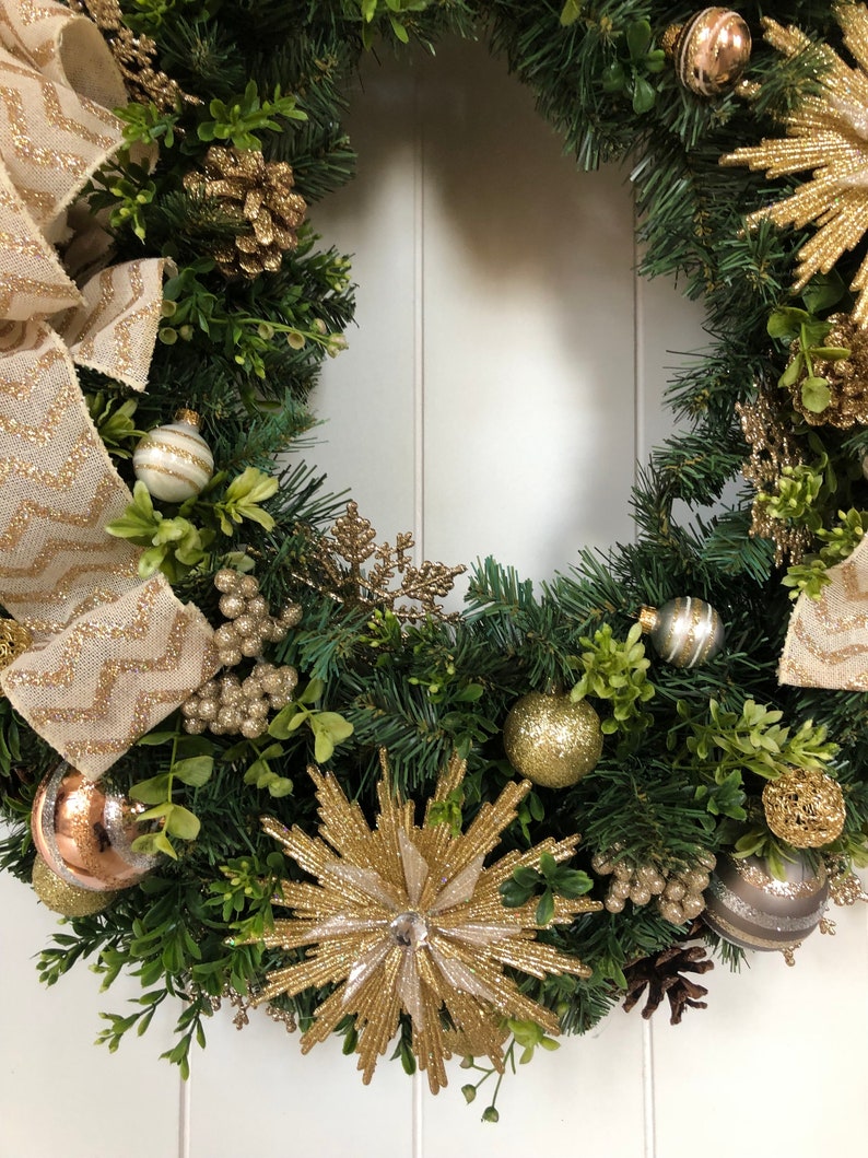 Christmas Wreath Gold and Ivory Christmas Wreath Holiday Wreath Artificial Pine Wreath Ready to Ship Wreath image 4