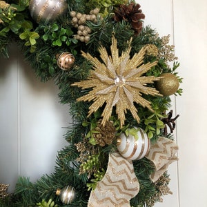 Christmas Wreath Gold and Ivory Christmas Wreath Holiday Wreath Artificial Pine Wreath Ready to Ship Wreath image 5