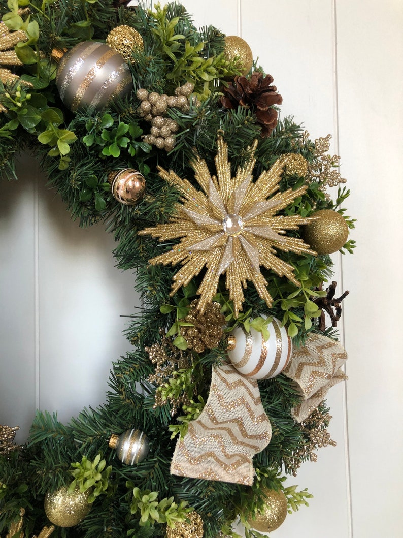 Christmas Wreath Gold and Ivory Christmas Wreath Holiday Wreath Artificial Pine Wreath Ready to Ship Wreath image 5