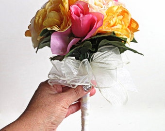 Silk Bridal Bouquet - Faux Bouquet - Artificial Bouquet - Pink, Orange and Pale Yellow Bouquet - Matching Boutonniere Included