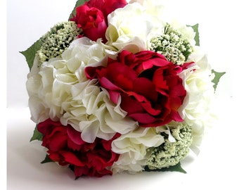 Silk Bridal Bouquet - Faux Bouquet - Artificial Bouquet - White and Burgundy Bouquet - Matching Boutonniere Included
