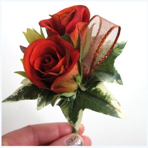 Faux Wedding Boutonniere Anniversary Boutonniere Prom Boutonniere Father's Day Boutonniere Variegated Burnt Orange Roses Boutonniere image 4