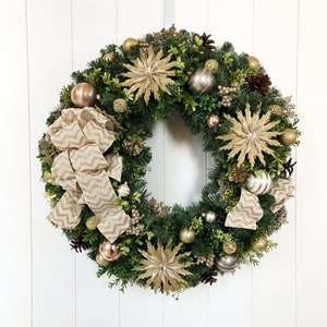 Christmas Wreath Gold and Ivory Christmas Wreath Holiday Wreath Artificial Pine Wreath Ready to Ship Wreath image 1