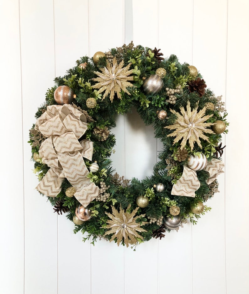 Christmas Wreath Gold and Ivory Christmas Wreath Holiday Wreath Artificial Pine Wreath Ready to Ship Wreath image 1