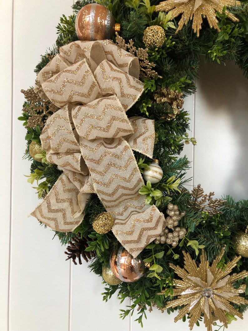 Christmas Wreath Gold and Ivory Christmas Wreath Holiday Wreath Artificial Pine Wreath Ready to Ship Wreath image 3