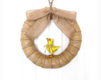 14-Inch Lil' Chick Wreath - Yellow Polka Dot Burlap Wreath - Spring/Summer Burlap Wreath - Year Round Wreath