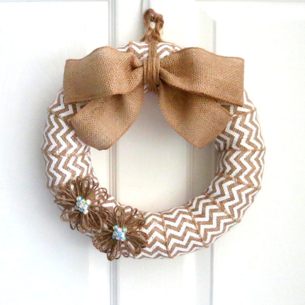 Chevron Burlap Wreath - Everyday Wreath - White Chevron Wreath - Burlap Wreath with Jute Flowers -