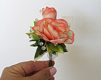 Faux Boutonniere - Wedding Boutonniere - Anniversary Boutonniere - Prom Boutonniere - Variegated Peach Boutonniere