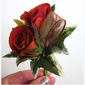 Faux Wedding Boutonniere Anniversary Boutonniere Prom Boutonniere Father's Day Boutonniere Variegated Burnt Orange Roses Boutonniere image 2