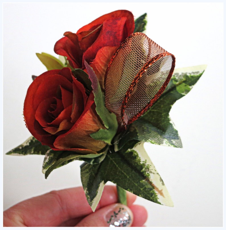 Faux Wedding Boutonniere Anniversary Boutonniere Prom Boutonniere Father's Day Boutonniere Variegated Burnt Orange Roses Boutonniere image 2