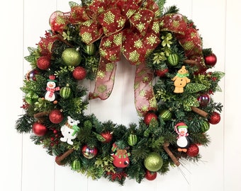 Christmas Wreath  - Red and Lime Green Christmas Wreath - Artificial Pine Wreath  - Ready to Ship Wreath