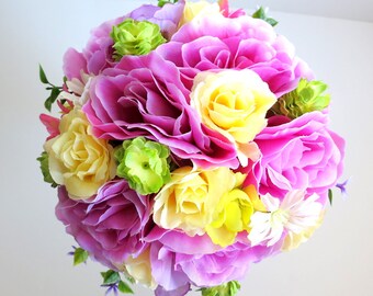Bridal Bouquet - Silk Bouquet - Faux Bouquet - Artificial Bouquet - Roses, Hops, Daisies and Pansies Bouquet