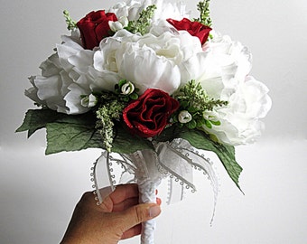 Bridal Bouquet - Faux Bouquet - Artificial Bouquet - White Peonies with Red Long Stem Roses - Matching Boutonniere Included