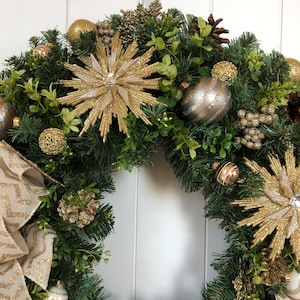 Christmas Wreath Gold and Ivory Christmas Wreath Holiday Wreath Artificial Pine Wreath Ready to Ship Wreath image 2