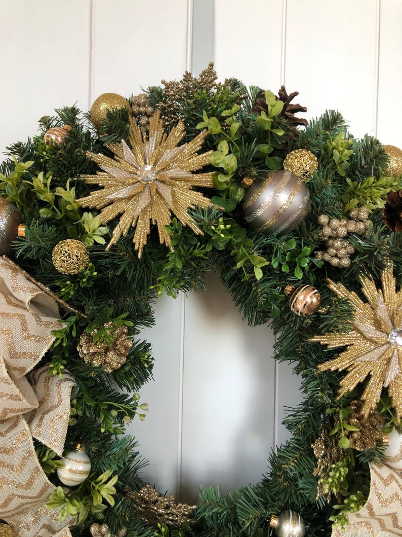 Christmas Wreath Gold and Ivory Christmas Wreath Holiday Wreath Artificial Pine Wreath Ready to Ship Wreath image 2