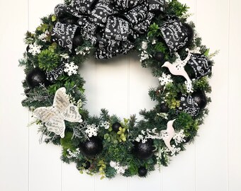 Christmas Wreath  - Black and White Christmas Wreath - Artificial Pine Wreath  - Ready to Ship Wreath