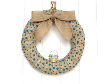 14-Inch Turquoise Polka Dot Easter Basket Wreath