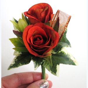 Faux Wedding Boutonniere Anniversary Boutonniere Prom Boutonniere Father's Day Boutonniere Variegated Burnt Orange Roses Boutonniere image 5